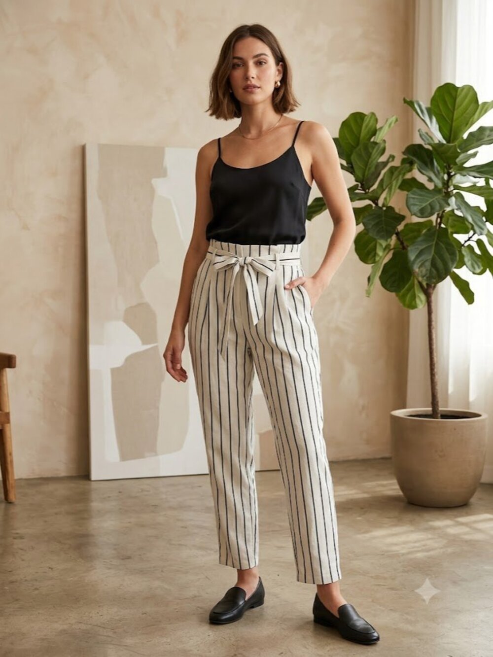 High-Waist Linen Blend Vertical Stripe Pants - White & Black